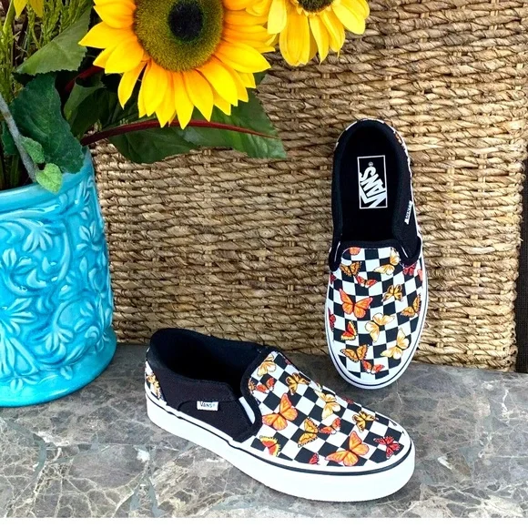 Vans Asher Butterfly Checkerboard Slip On Shoes Womens Size 6 Black VN000VOSJBW - Picture 1 of 13